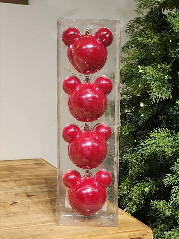 BOLA MICKEY VELUDO VERMELHO 8CM KIT COM 4 UNIDADES