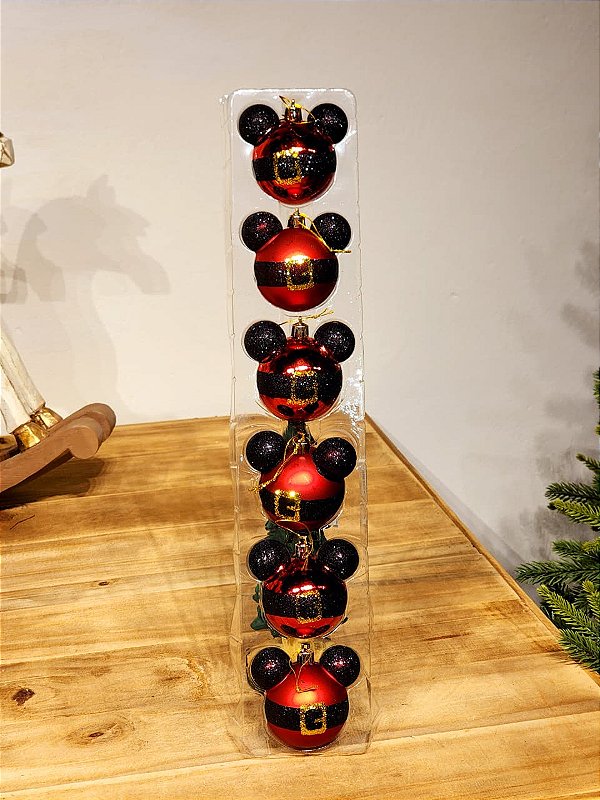 BOLA MICKEY ROUPA NOEL VERMELHO E PRETO 6CM KIT COM 6 UNIDADES