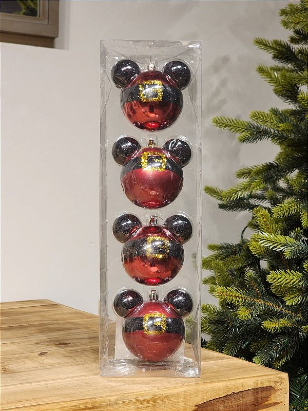 BOLA MICKEY ROUPA NOEL VERMELHO E PRETO 8CM KIT COM 4 UNIDADES