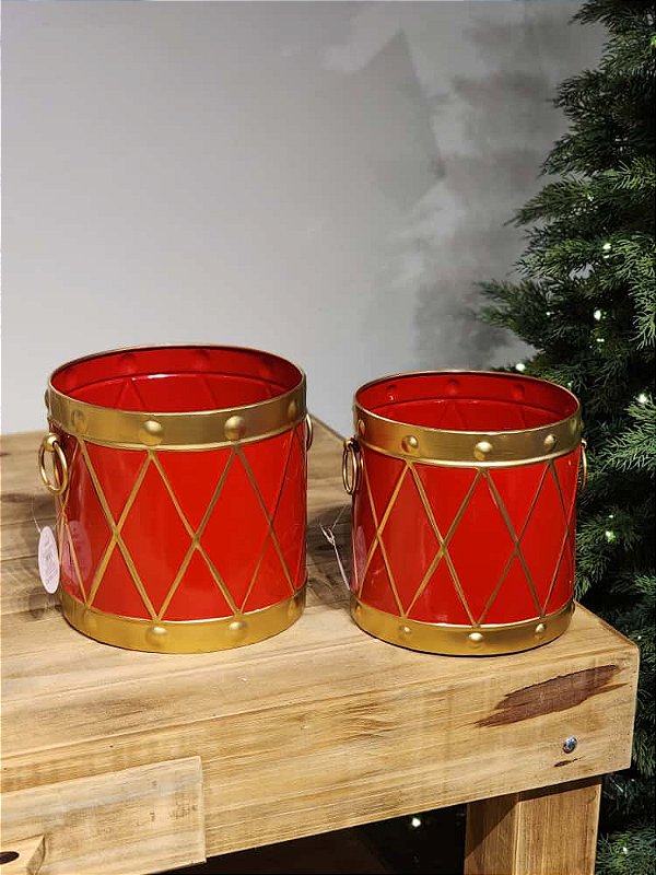 TAMBOR EM METAL DECORADO VERMELHO E DOURADO COM 2 UNIDADES