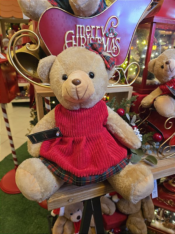 URSA SENTADA COM VESTIDO VERMELHO 30CM - PRÉ VENDA 2025