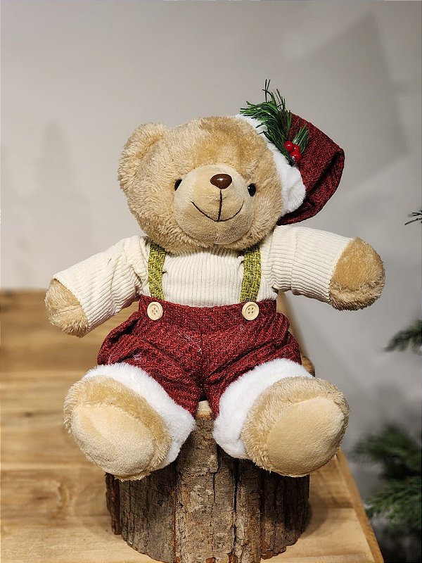 URSO SENTADO COM SUSPENSORIO VERMELHO E BRANCO 25CM