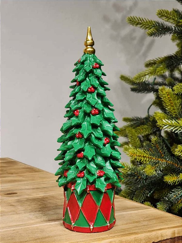 ÁRVORE DECORATIVA EM RESINA VERDE E VERMELHA 27CM