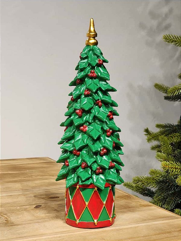 ÁRVORE DECORATIVA EM RESINA VERDE E VERMELHA 34CM