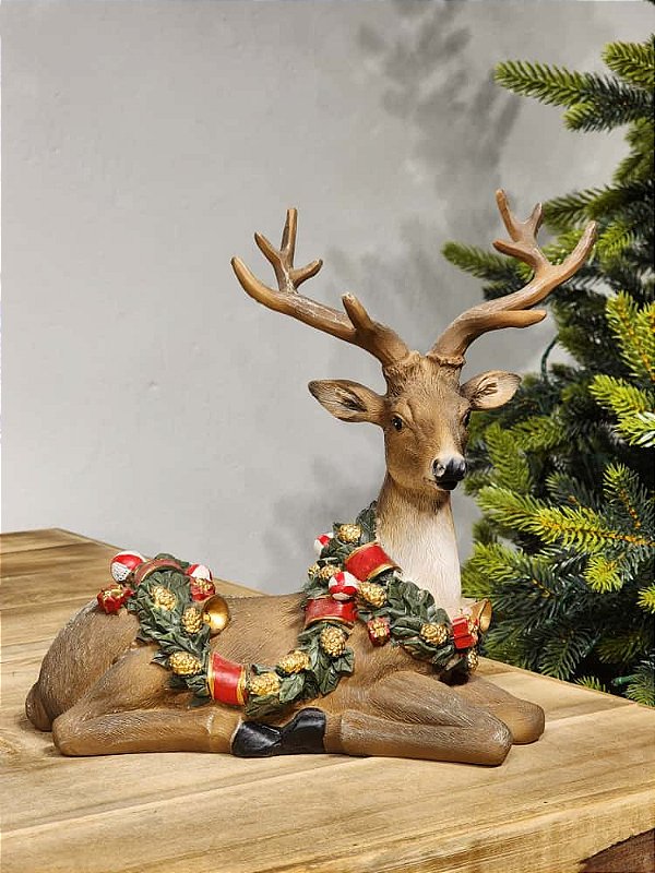 RENA DECORATIVA DEITADA COM FESTÃO NATALINO 25CM