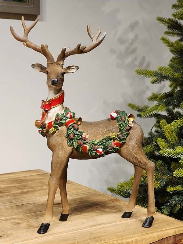 RENA DECORATIVA EM PÉ COM FESTÃO NATALINO 47CM