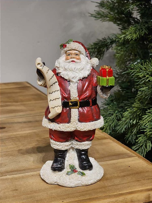 PAPAI NOEL EM RESINA COM LISTA DE PRESENTES 16CM
