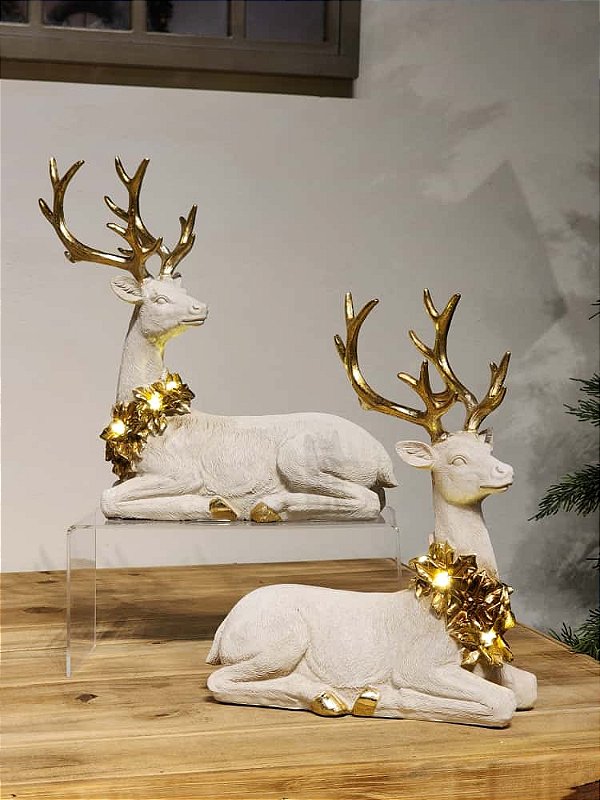 DUPLA DE RENAS SENTADA BRANCA E DOURADA COM LED