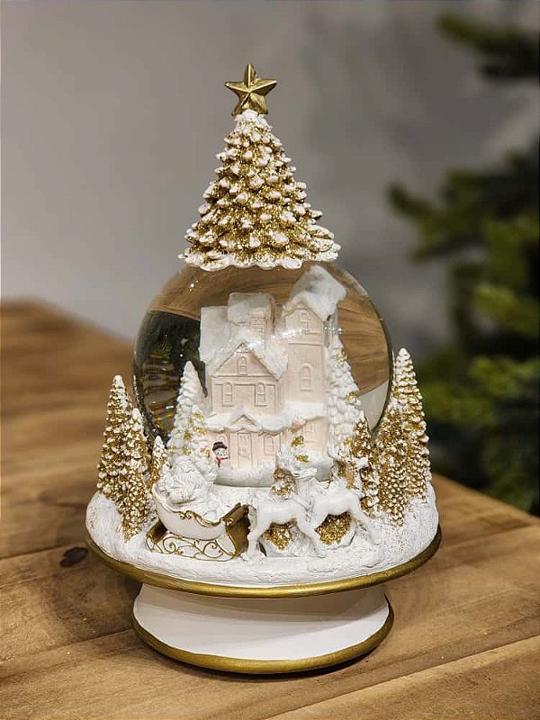 GLOBO CENÁRIO DE NATAL COM MÚSICA BRANCO E DOURADO