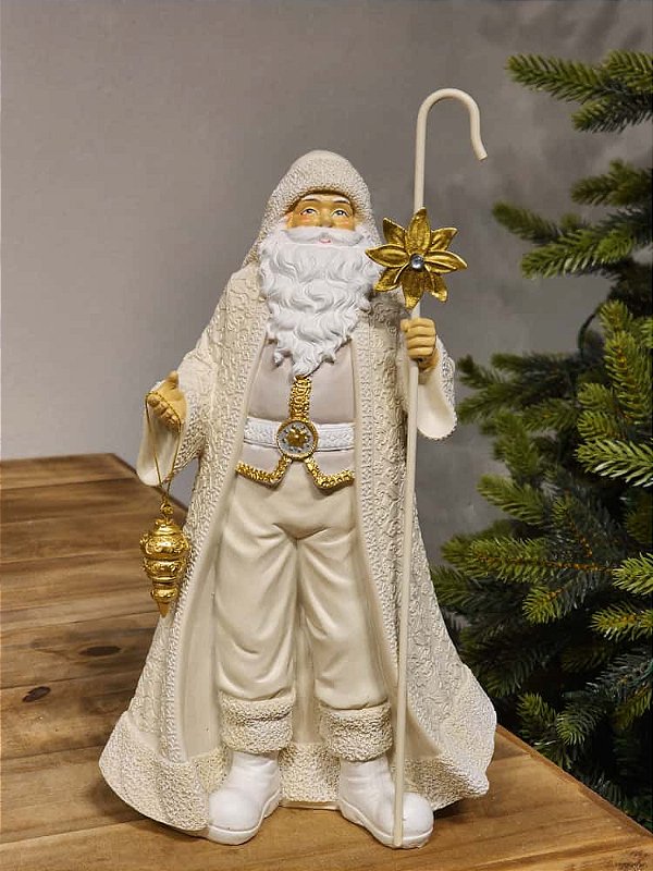 PAPAI NOEL EM RESINA COM CAJADO BRANCO E DOURADO 32CM