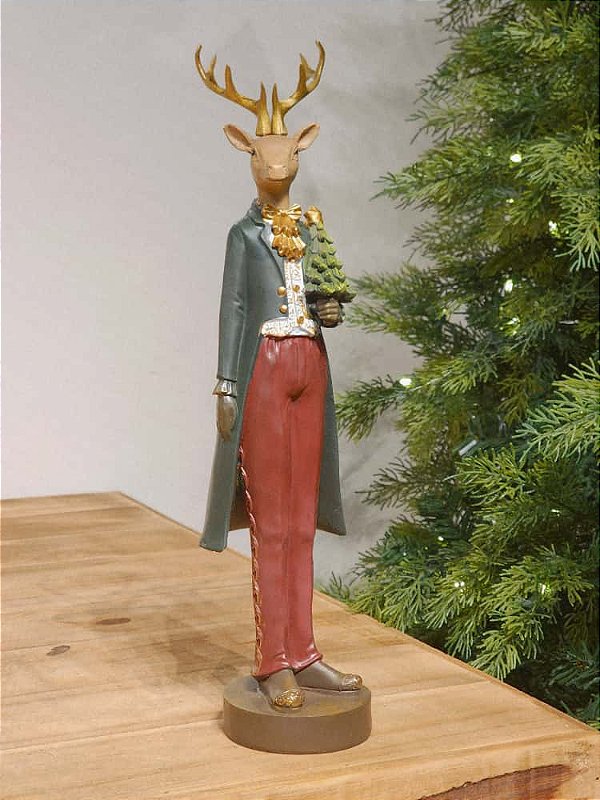 RENA LUXUOSA EM RESINA COM ÁRVORE 32CM