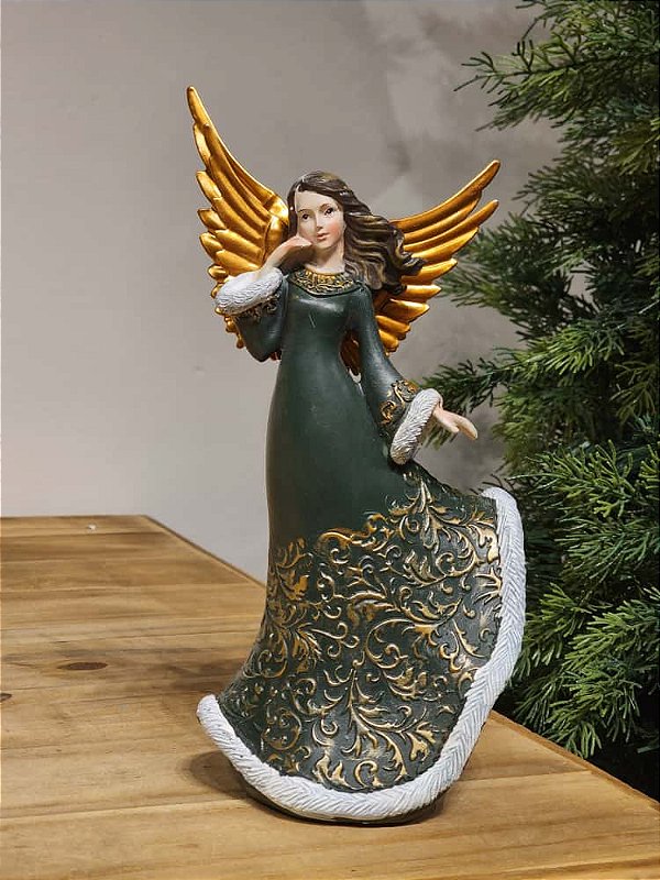 ANJO EM RESINA LUXUOSA VERDE 24CM