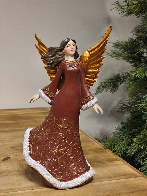 ANJO EM RESINA LUXUOSA VERMELHA 24CM