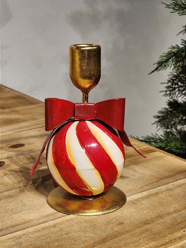 CASTIÇAL EM METAL COM LAÇO VERMELHO E BRANCO 16CM