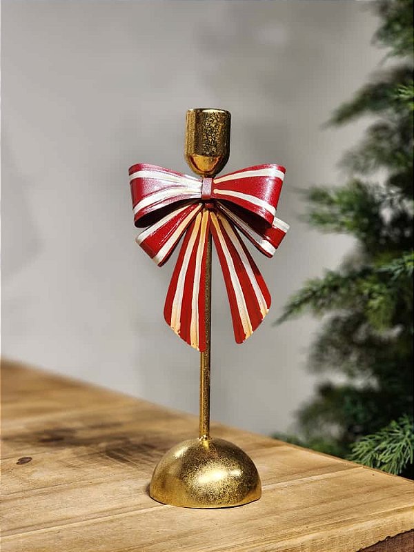 CASTIÇAL EM METAL COM LAÇO VERMELHO E BRANCO 27CM