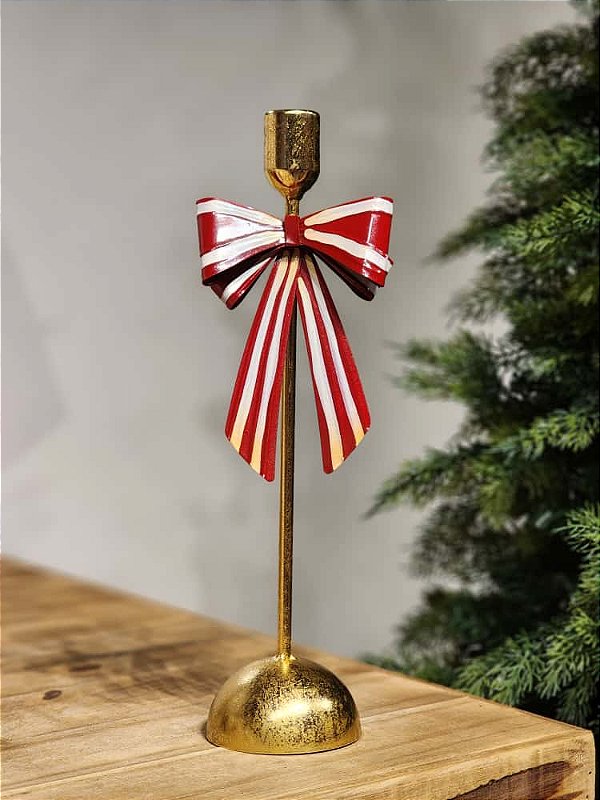 CASTIÇAL EM METAL COM LAÇO VERMELHO E BRANCO 35CM