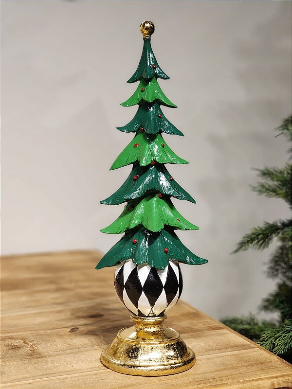 ÁRVORE EM RESINA COM BOLA NA BASE PRETA E BRANCO COM 43CM