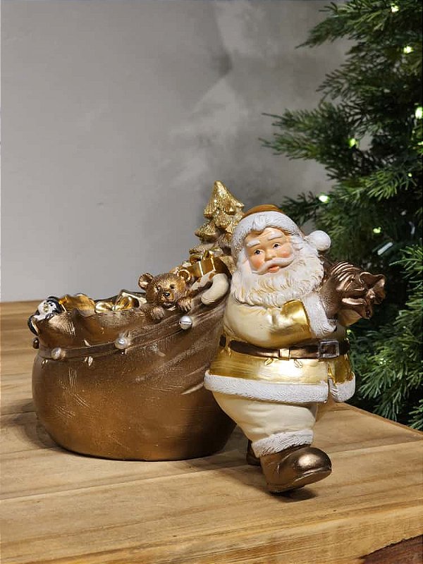 PAPAI NOEL COM PRESENTES DOURADO E BRANCO 17CM