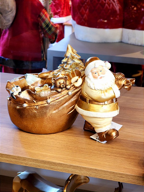 PAPAI NOEL COM PRESENTES DOURADO E BRANCO 17CM - PRÉ VENDA 2025