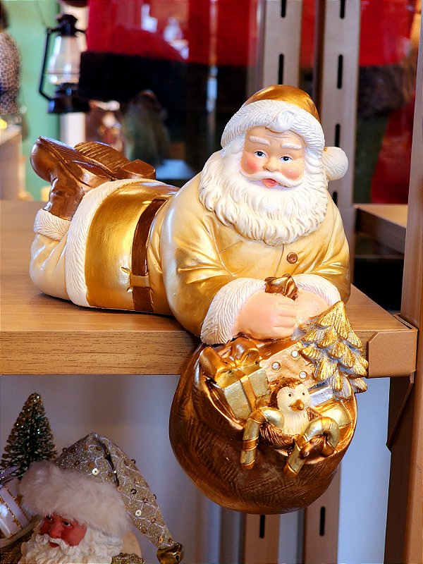 PAPAI NOEL COM PRESENTES DOURADO E BRANCO 14CM - PRÉ VENDA 2025