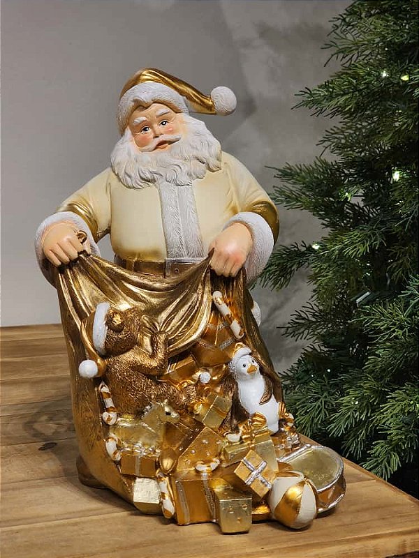PAPAI NOEL COM PRESENTES DOURADO E BRANCO 32CM