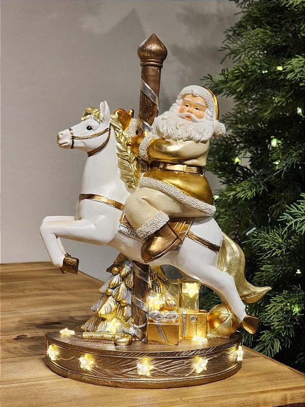 PAPAI NOEL NO CARROSSEL DOURADO E BRANCO COM LED 32CM