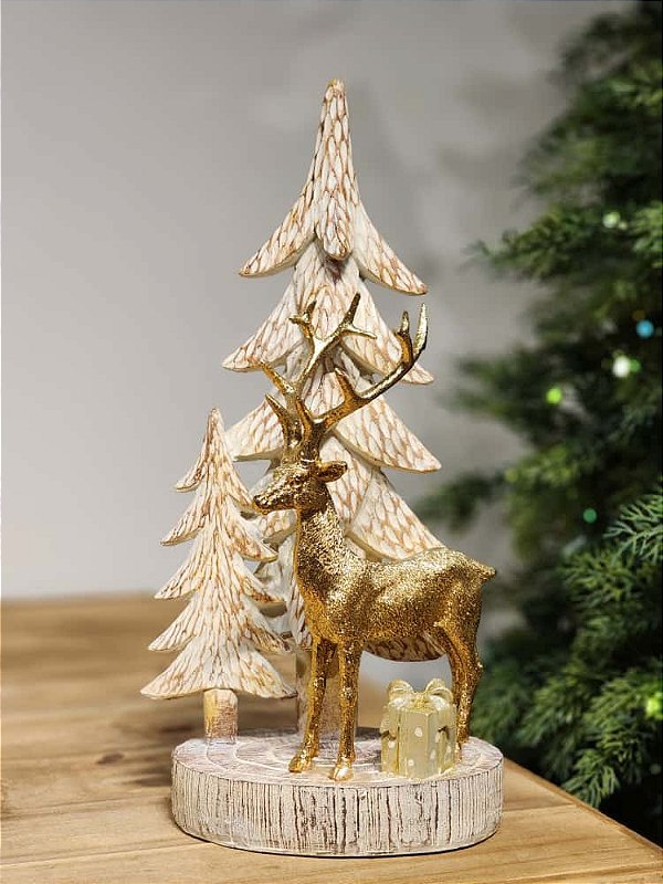 RENA COM ÁRVORE EM RESINA OURO E MARROM 37,5CM