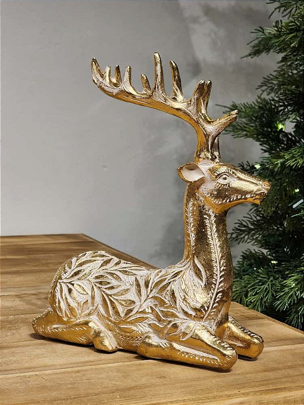 RENA DEITADA EM RESINA OURO E BRANCO 24,5CM