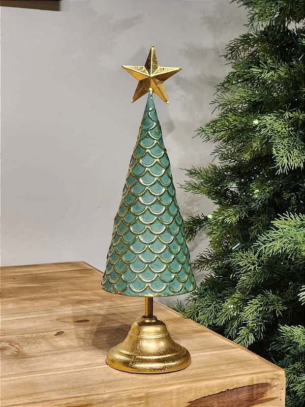 ÁRVORE EM METAL COM ESCAMAS OURO E VERDE 40CM