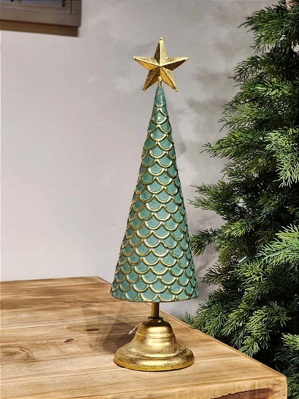 ÁRVORE EM METAL COM ESCAMAS OURO E VERDE 44CM