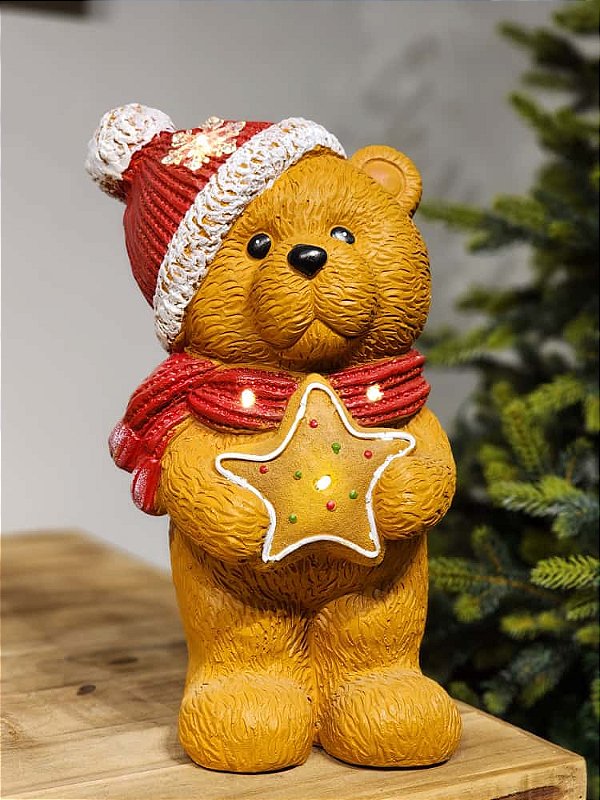 URSO NATALINO EM PÉ COM ESTRELA EM RESINA COM LED 39CM