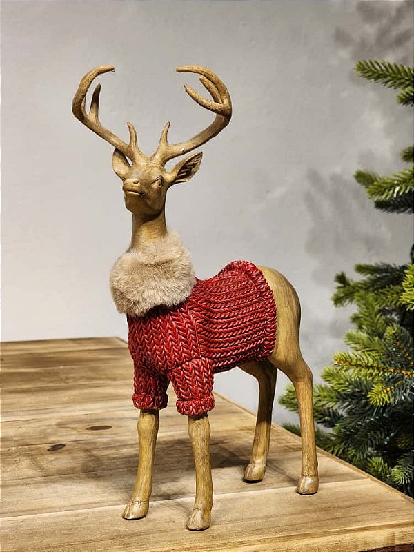 RENA EM PÉ EM RESINA COM SUETER VERMELHO 30CM