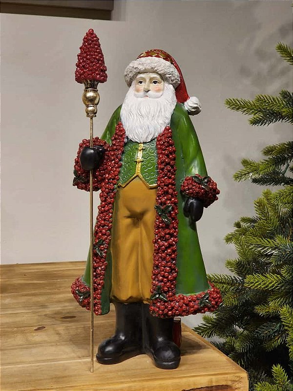 PAPAI NOEL COM BERRY EM RESINA VERMELHO E VERDE 40CM
