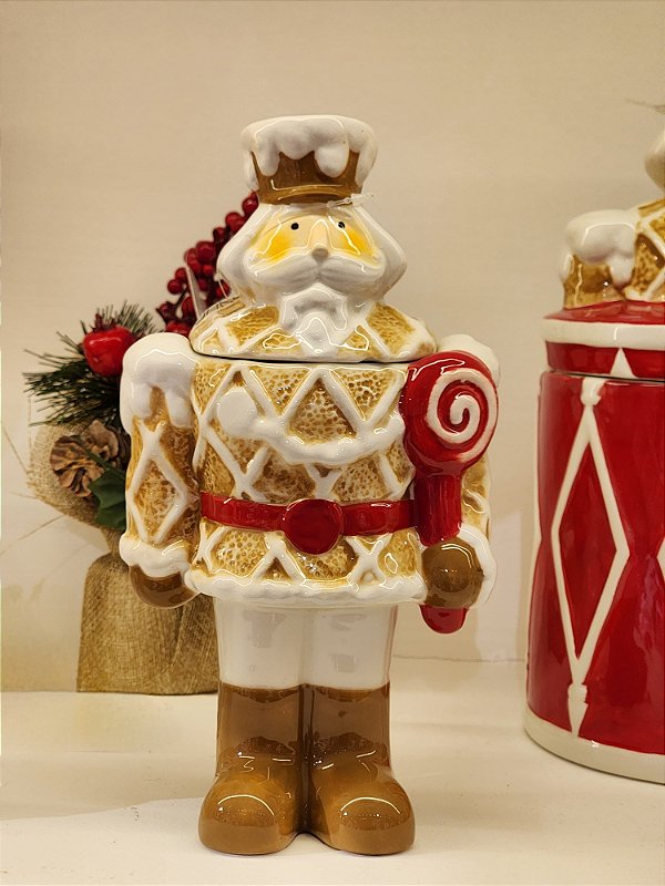 POTE DECORATIVO QUEBRA NOZES VERMELHO E BEGE 22CM