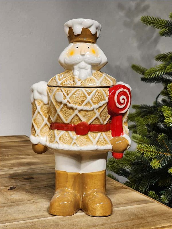 POTE DECORATIVO QUEBRA NOZES VERMELHO E BEGE 29CM