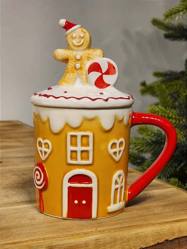 CANECA COM TAMPA GINGERBREAD VERMELHO E BEGE 17CM