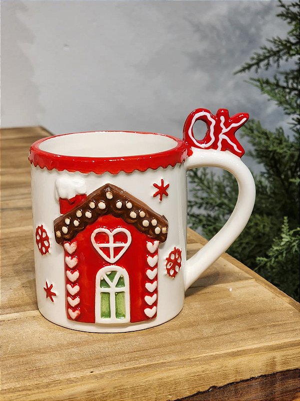 CANECA DECORATIVA CASA GINGER VERMELHO E BEGE 13CM
