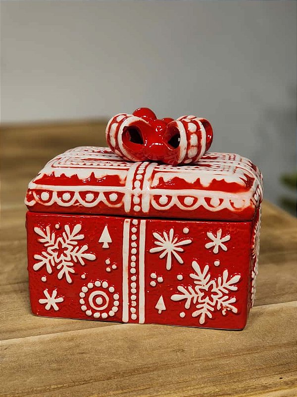 POTE PRESENTE DECORATIVO FLOCO DE NEVE VERMELHO E BRANCO 14CM