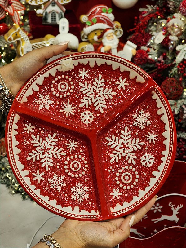 PETISQUEIRA DECORATIVA FLOCO DE NEVE VERMELHO E BRANCO 27CM - PRÉ VENDA 2025