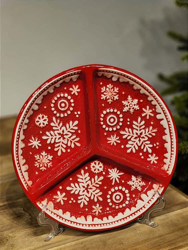 PETISQUEIRA DECORATIVA FLOCO DE NEVE VERMELHO E BRANCO 27CM