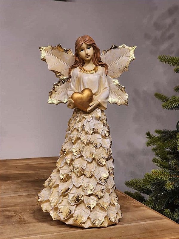 ANJO EM RESINA COM CORAÇÃO CHAMPANHE 38CM