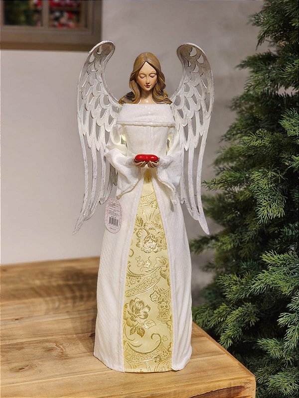 ANJO EM RESINA COM LUZ BRANCO E DOURADO 56CM