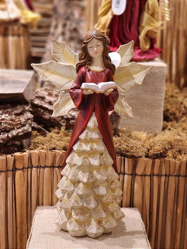 ANJO EM RESINA COM LIVRO VERMELHO E CHAMPANHE 42CM - PRÉ VENDA 2025