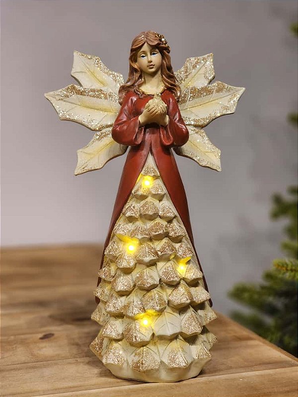 ANJO EM RESINA COM POMBO VERMELHO E CHAMPANHE COM LED 31CM