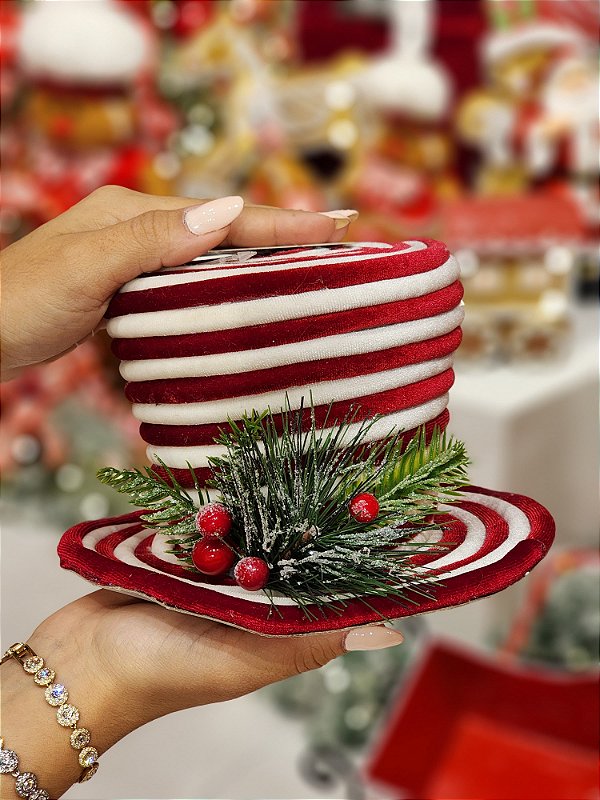 ENFEITE PENDENTE CARTOLA VERMELHO E BRANCO 19CM - PRÉ VENDA 2025