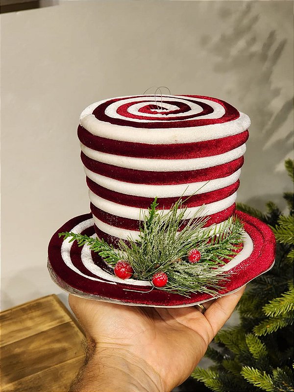 ENFEITE PENDENTE CARTOLA VERMELHO E BRANCO 19CM