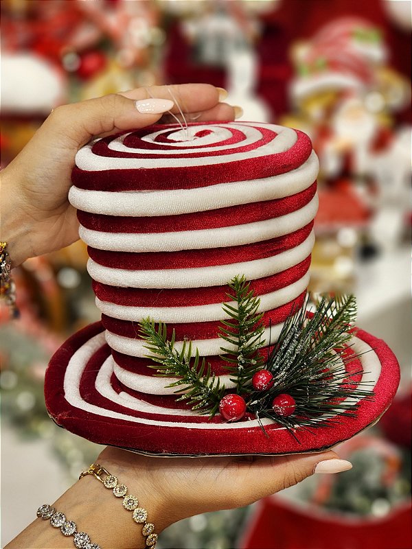 ENFEITE PENDENTE CARTOLA VERMELHO E BRANCO 22CM - PRÉ VENDA 2025