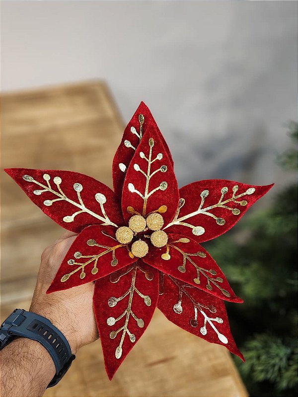 FLOR POINSETIA DECORATIVA VERMELHO E DOURADO 25CM