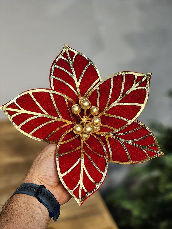 FLOR POINSETIA DECORATIVA VERMELHO E DOURADO 19CM