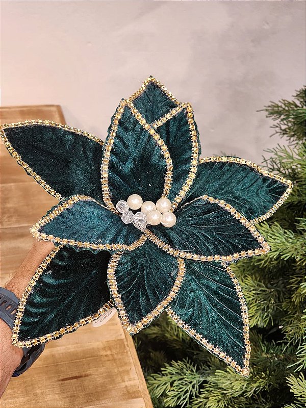 FLOR POINSETIA DECORATIVA VERDE E CHAMPANHE 20CM